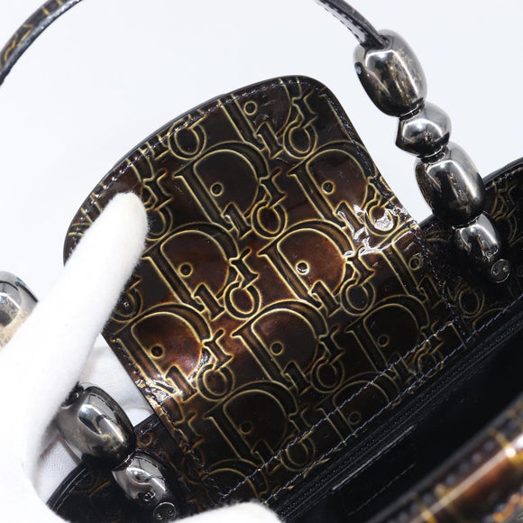 Christian Dior Maris Pearl Bag Patent Leather Dark Brown Silver Auth ep16803