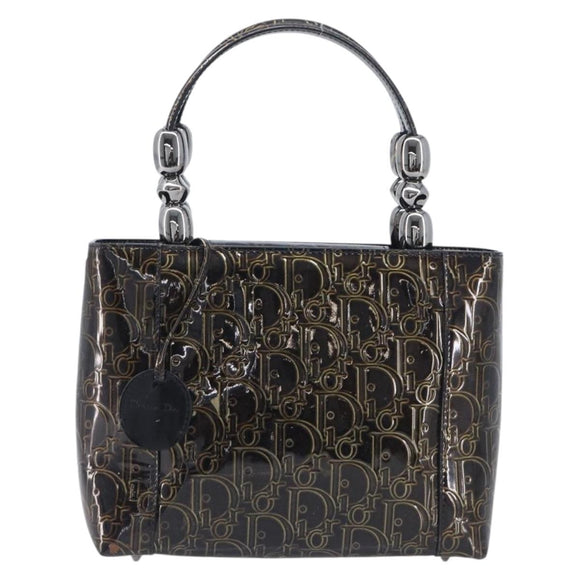 Christian Dior Maris Pearl Bag Patent Leather Dark Brown Silver Auth ep16803