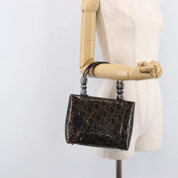 Christian Dior Maris Pearl Bag Patent Leather Dark Brown Silver Auth ep16803