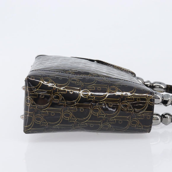 Christian Dior Maris Pearl Bag Patent Leather Dark Brown Silver Auth ep16803