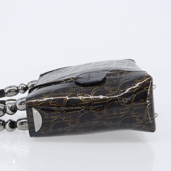 Christian Dior Maris Pearl Bag Patent Leather Dark Brown Silver Auth ep16803