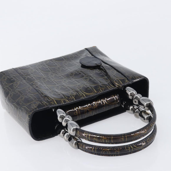 Christian Dior Maris Pearl Bag Patent Leather Dark Brown Silver Auth ep16803