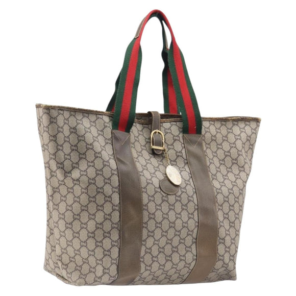 GUCCI GG Plus Supreme Web Sherry Line Tote Bag PVC Beige Gold Auth ep16894