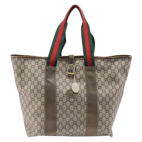 GUCCI GG Plus Supreme Web Sherry Line Tote Bag PVC Beige Gold Auth ep16894