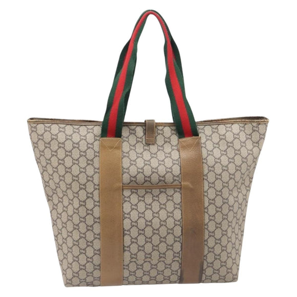 GUCCI GG Plus Supreme Web Sherry Line Tote Bag PVC Beige Gold Auth ep16894