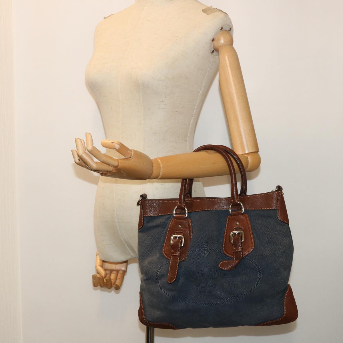 PRADA Hand Bag Canvas Leather Navy Auth ep1692