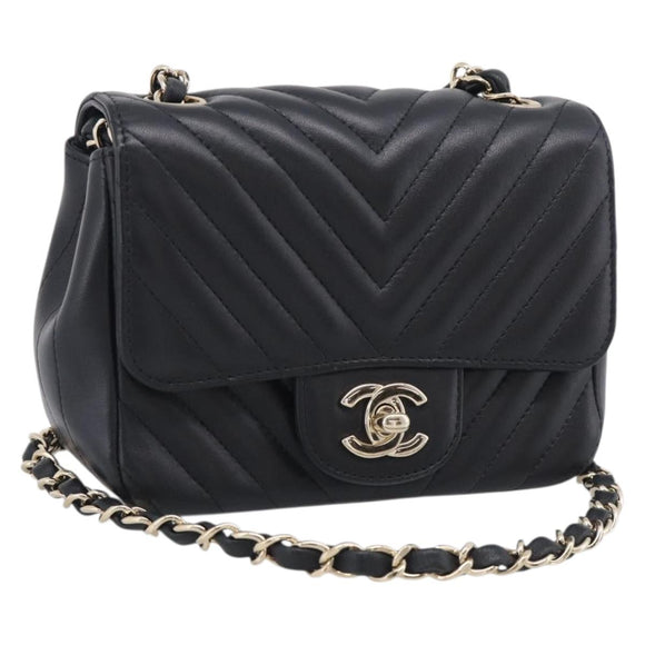 CHANEL Vstitched Chain Shoulder Bag Lamb Skin Black Gold CC Auth ep16928SAM