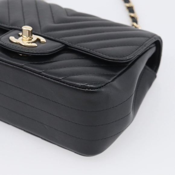 CHANEL Vstitched Chain Shoulder Bag Lamb Skin Black Gold CC Auth ep16928SAM
