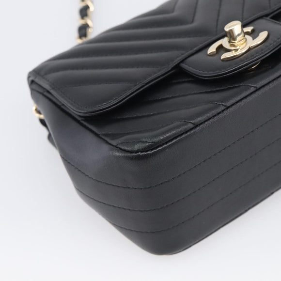 CHANEL Vstitched Chain Shoulder Bag Lamb Skin Black Gold CC Auth ep16928SAM