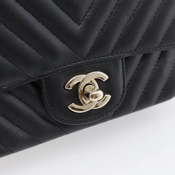 CHANEL Vstitched Chain Shoulder Bag Lamb Skin Black Gold CC Auth ep16928SAM