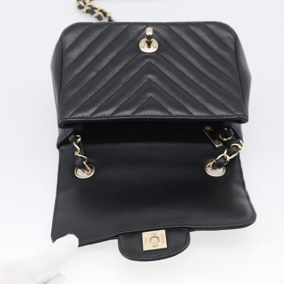 CHANEL Vstitched Chain Shoulder Bag Lamb Skin Black Gold CC Auth ep16928SAM