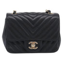 CHANEL Vstitched Chain Shoulder Bag Lamb Skin Black Gold CC Auth ep16928SAM-2