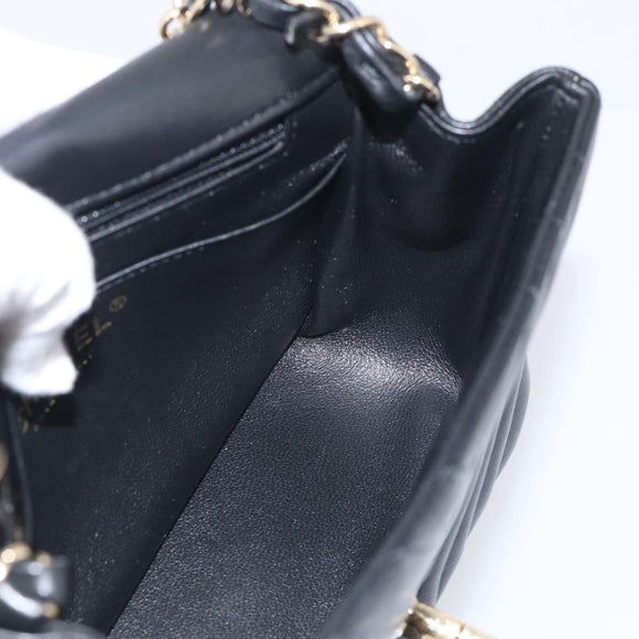 CHANEL Vstitched Chain Shoulder Bag Lamb Skin Black Gold CC Auth ep16928SAM