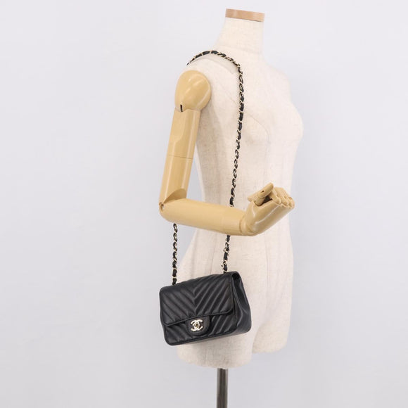 CHANEL Vstitched Chain Shoulder Bag Lamb Skin Black Gold CC Auth ep16928SAM