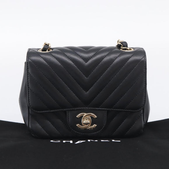 CHANEL Vstitched Chain Shoulder Bag Lamb Skin Black Gold CC Auth ep16928SAM