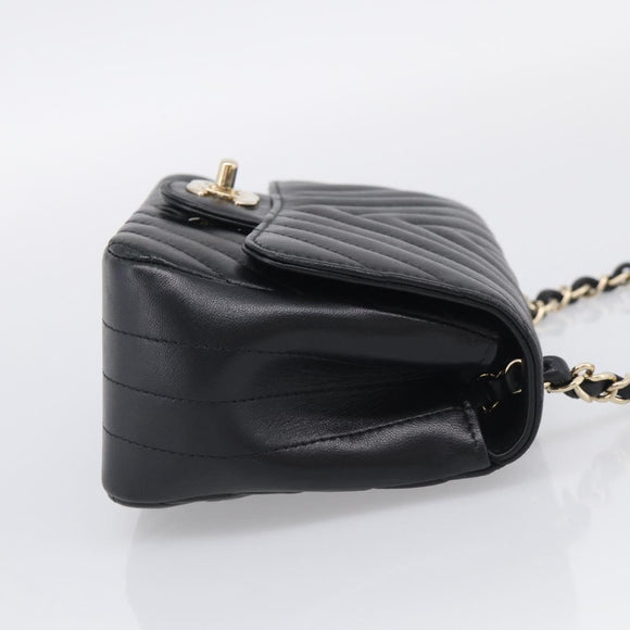 CHANEL Vstitched Chain Shoulder Bag Lamb Skin Black Gold CC Auth ep16928SAM