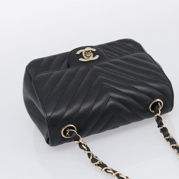 CHANEL Vstitched Chain Shoulder Bag Lamb Skin Black Gold CC Auth ep16928SAM