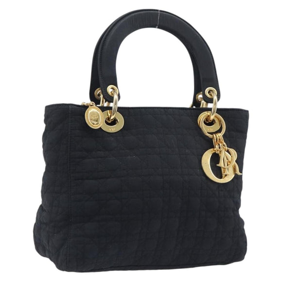 Christian Dior Lady Dior Canage Hand Bag Canvas Black Gold Tone Auth ep16956