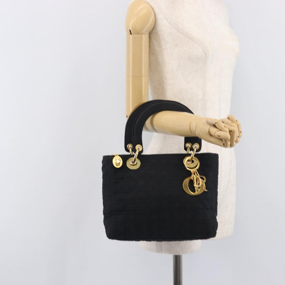 Christian Dior Lady Dior Canage Hand Bag Canvas Black Gold Tone Auth ep16956