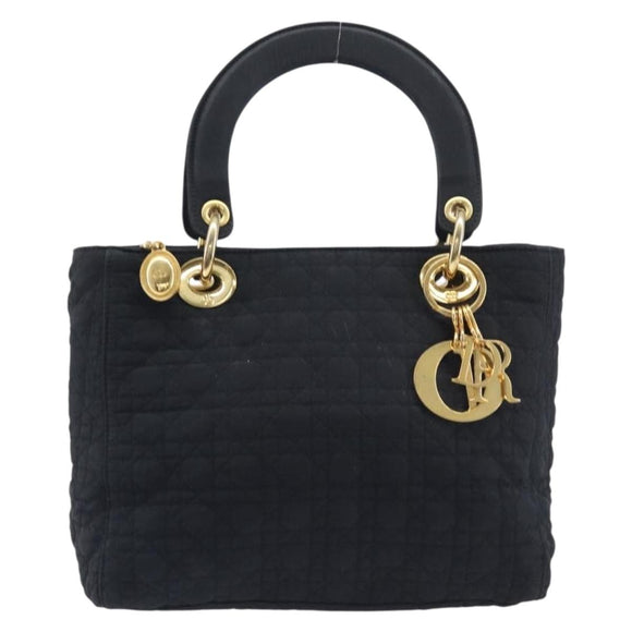 Christian Dior Lady Dior Canage Hand Bag Canvas Black Gold Tone Auth ep16956
