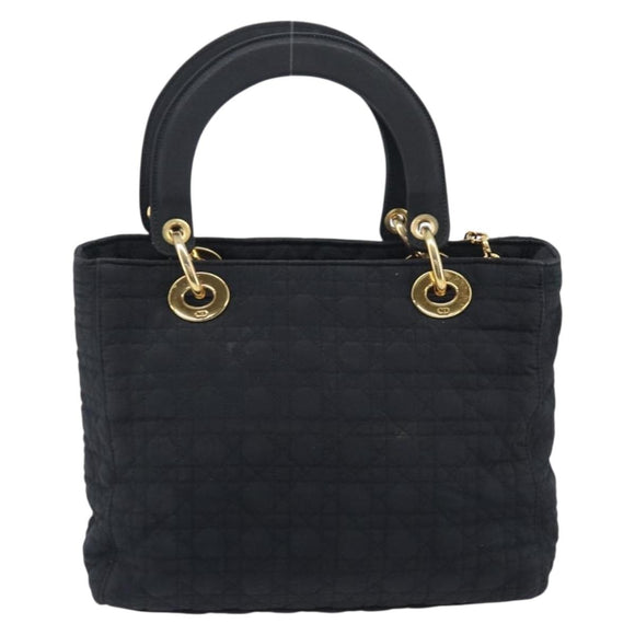 Christian Dior Lady Dior Canage Hand Bag Canvas Black Gold Tone Auth ep16956
