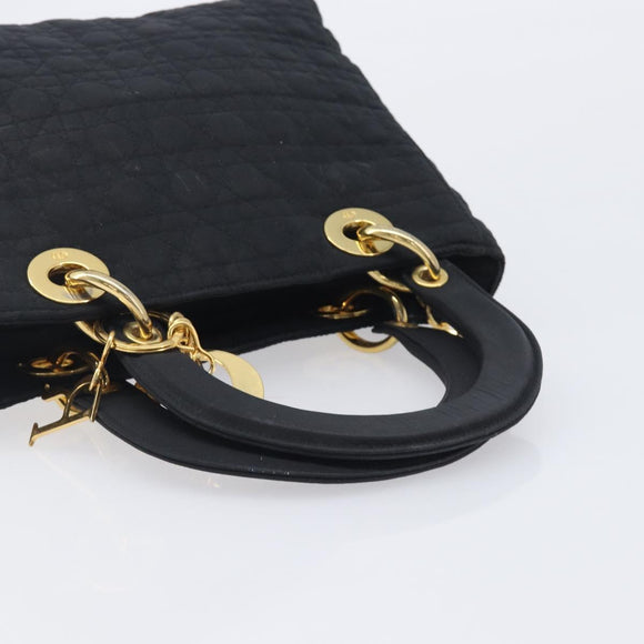 Christian Dior Lady Dior Canage Hand Bag Canvas Black Gold Tone Auth ep16956