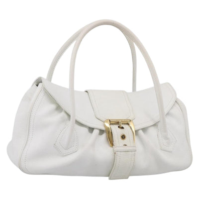 CELINE Hand Bag Leather White Gold Tone Auth ep16986A