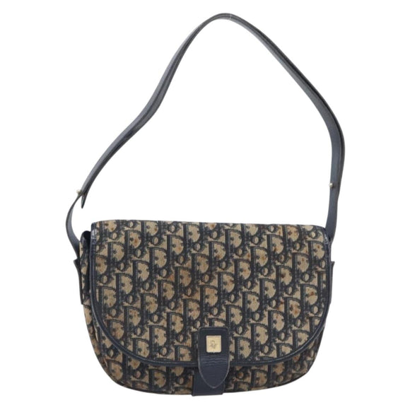 Christian Dior Trotter Canvas Shoulder Bag Navy Gold Tone Auth ep17074