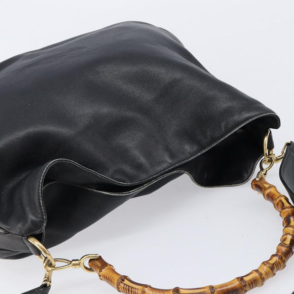 GUCCI Bamboo Hand Bag Leather 2way Black Gold Tone 001 3754 1577 Auth ep17100