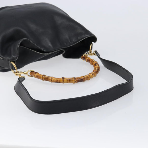 GUCCI Bamboo Hand Bag Leather 2way Black Gold Tone 001 3754 1577 Auth ep17100