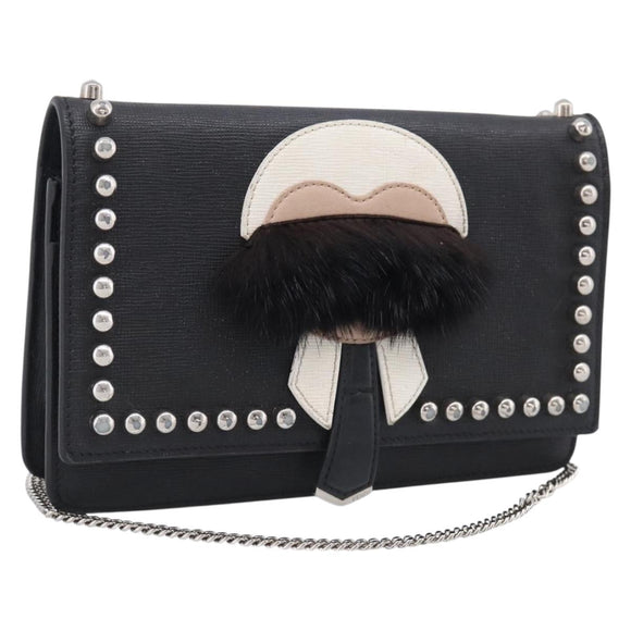 FENDI Chain Karito Shoulder Bag Leather Black Silver 8M0346 Auth ep17134A