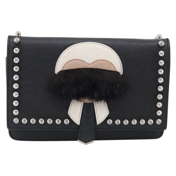 FENDI Chain Karito Shoulder Bag Leather Black Silver 8M0346 Auth ep17134A