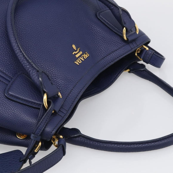PRADA Hand Bag Leather 2way Blue Gold Auth ep17141V