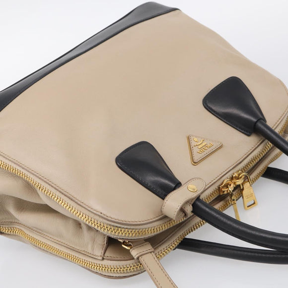 PRADA Hand Bag Leather 2way Beige Gold Auth ep17149V