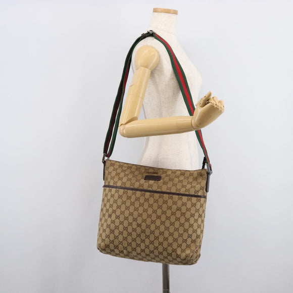 GUCCI GG Canvas Web Sherry Line Shoulder Bag Beige Silver 189751 Auth ep17155
