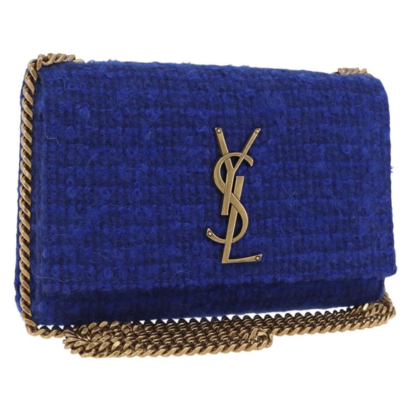 Saint Laurent Kate Chain Shoulder Bag Tweed Blue Gold Auth ep17166M