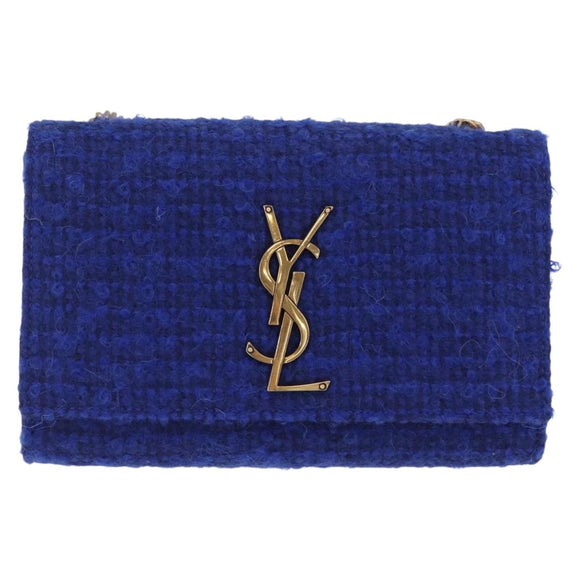 Saint Laurent Kate Chain Shoulder Bag Tweed Blue Gold Auth ep17166M