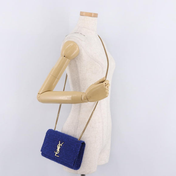 Saint Laurent Kate Chain Shoulder Bag Tweed Blue Gold Auth ep17166M
