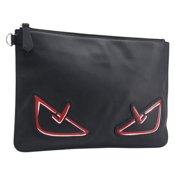 FENDI Monster Clutch Bag Leather Black Silver Auth ep17180A