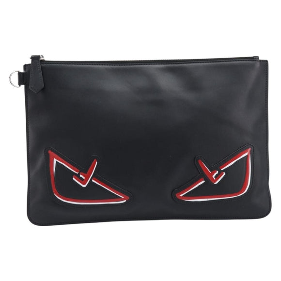 FENDI Monster Clutch Bag Leather Black Silver Auth ep17180A