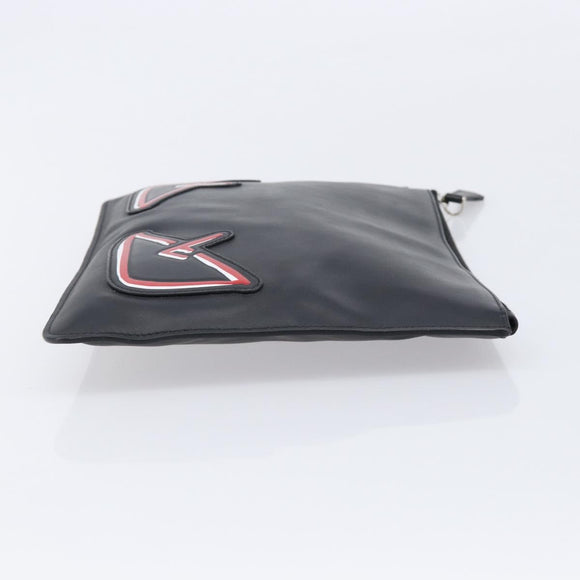 FENDI Monster Clutch Bag Leather Black Silver Auth ep17180A