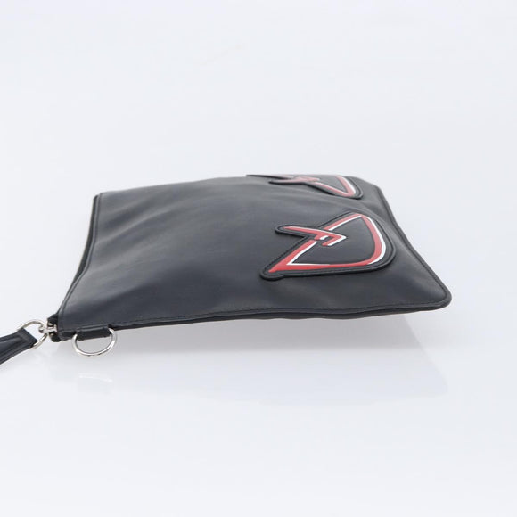 FENDI Monster Clutch Bag Leather Black Silver Auth ep17180A