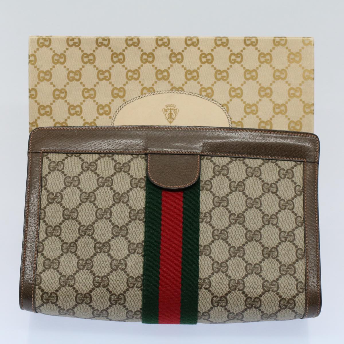 GUCCI GG Canvas Web Sherry Line Clutch Bag Beige Red Green 89 01 002 Auth ep1743