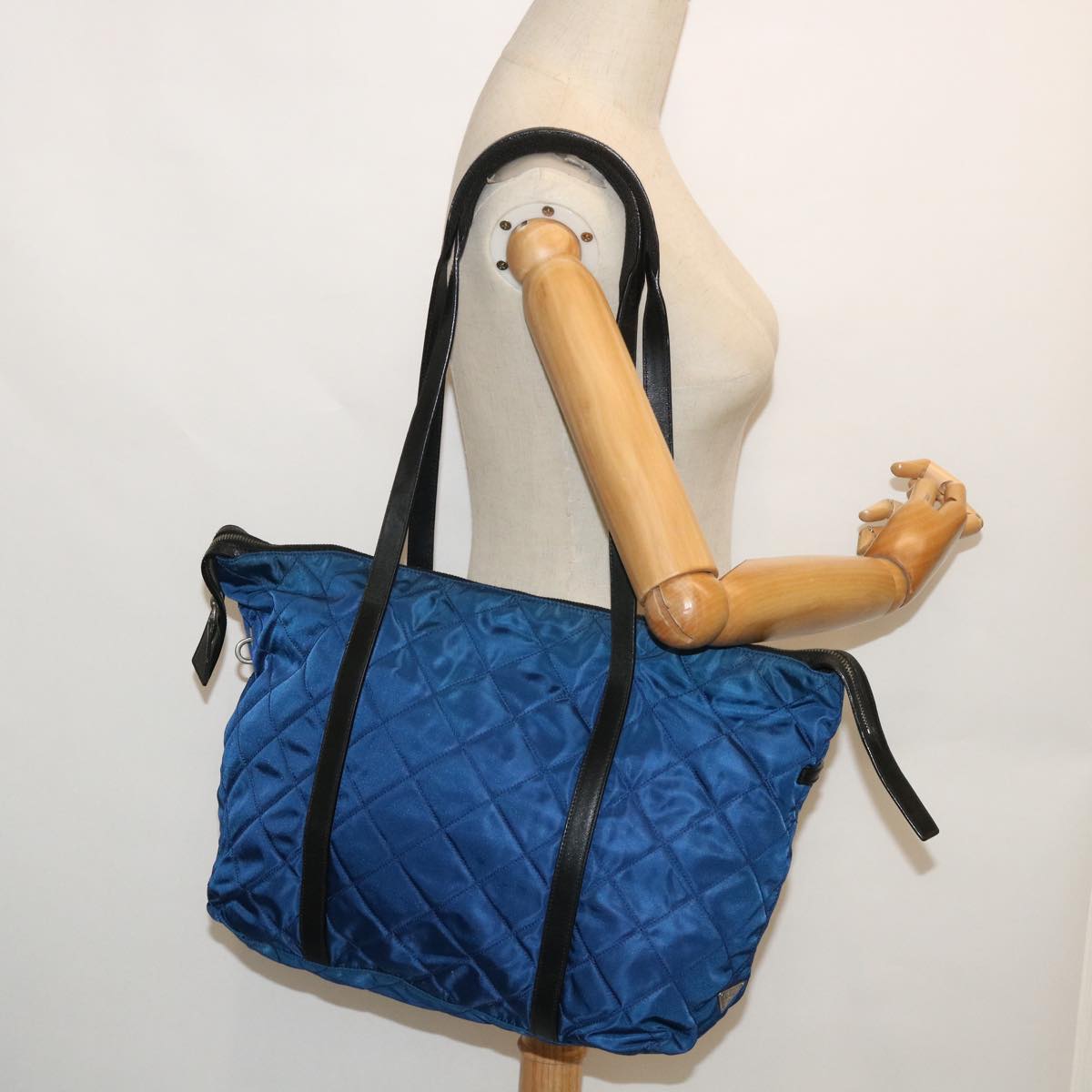 PRADA Tote Bag Nylon Leather Blue Auth ep1760