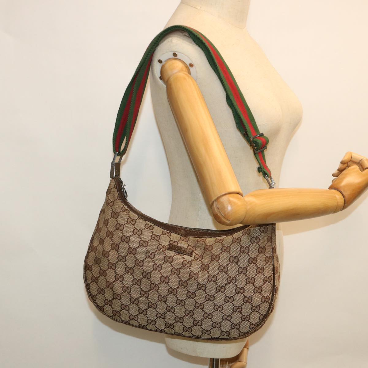 GUCCI GG Canvas Web Sherry Line Shoulder Bag Beige Red Green 122790 Auth ep1805