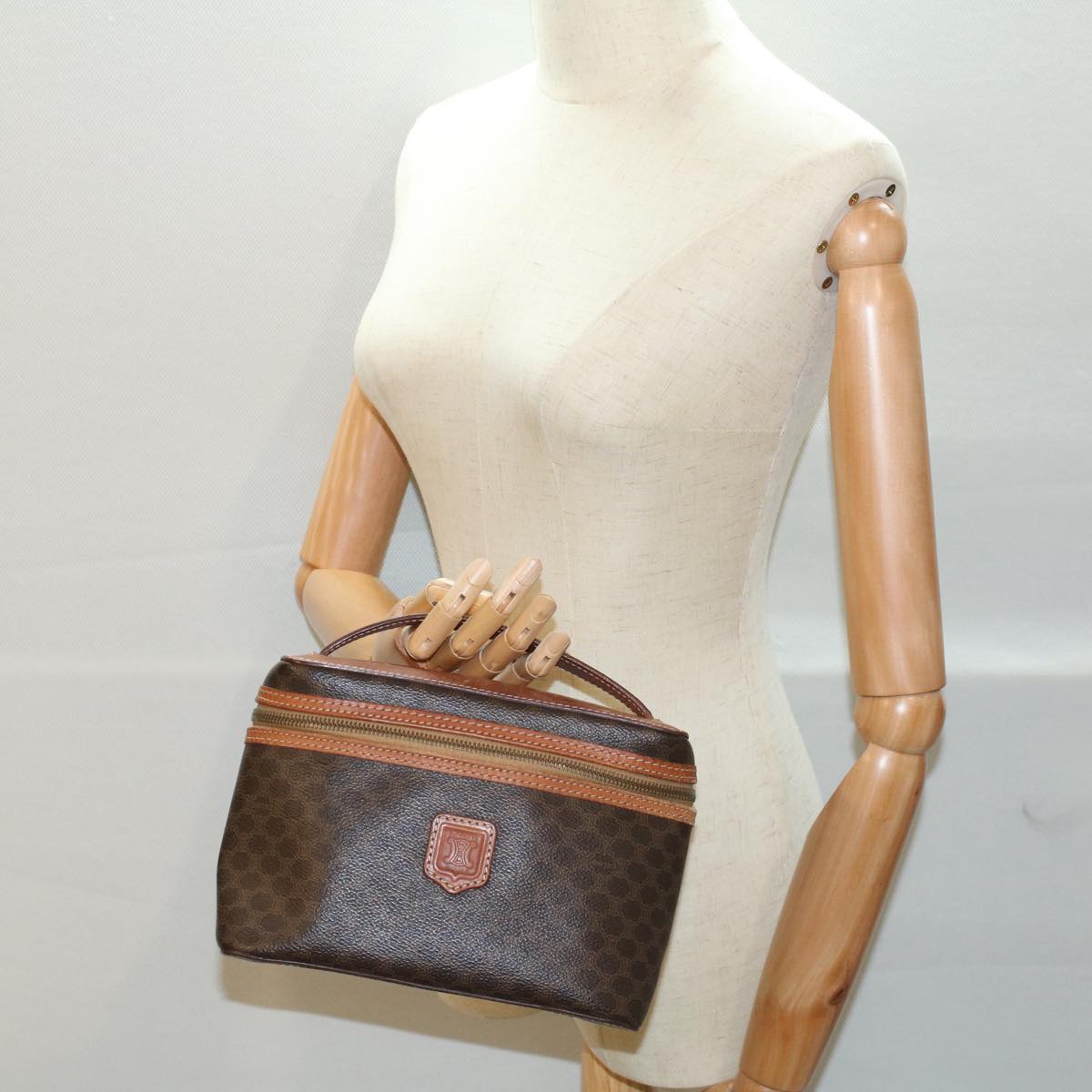 CELINE Macadam Canvas Hand Bag PVC Leather Brown Auth ep1829