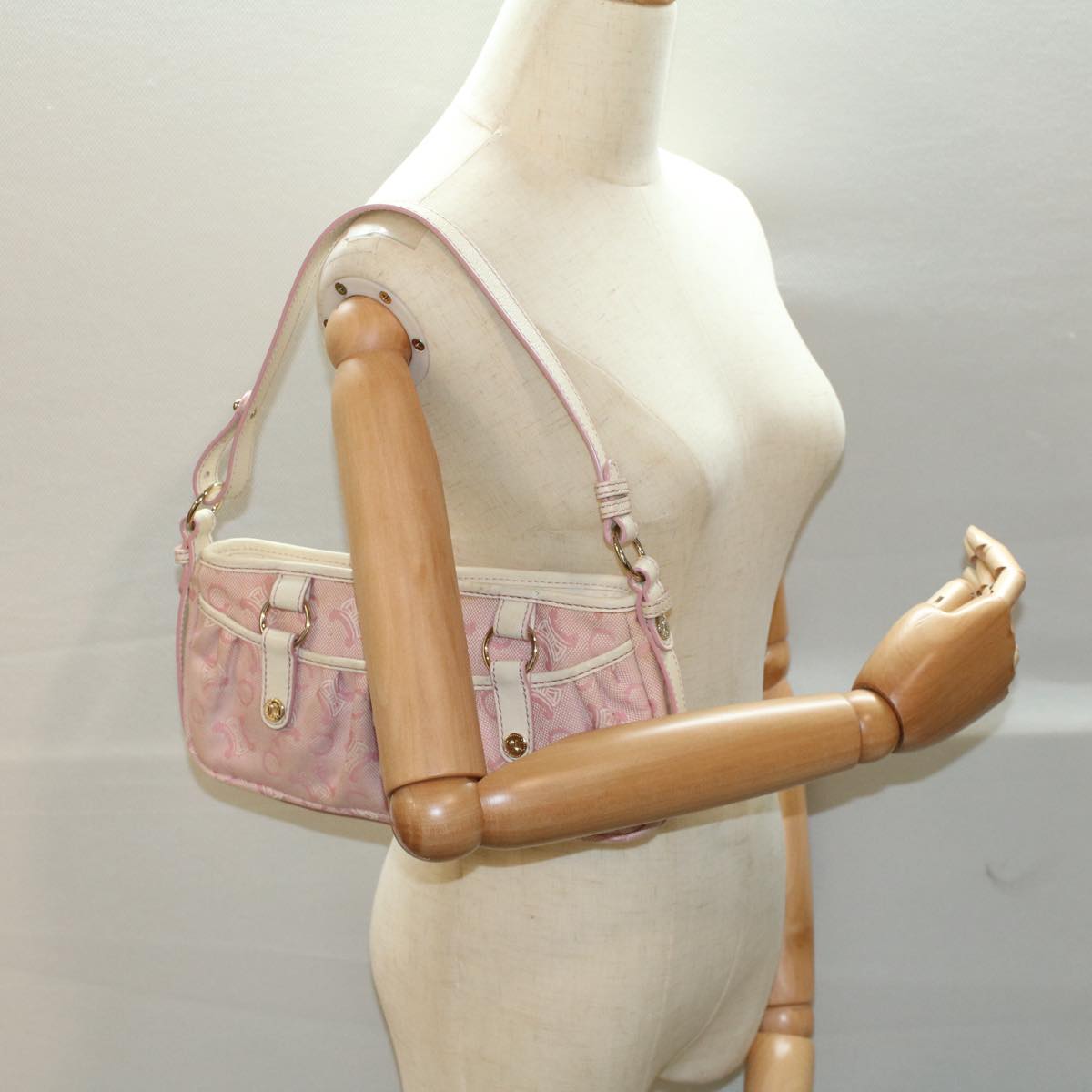 CELINE C Macadam Canvas Shoulder Bag Leather Pink Auth ep1844