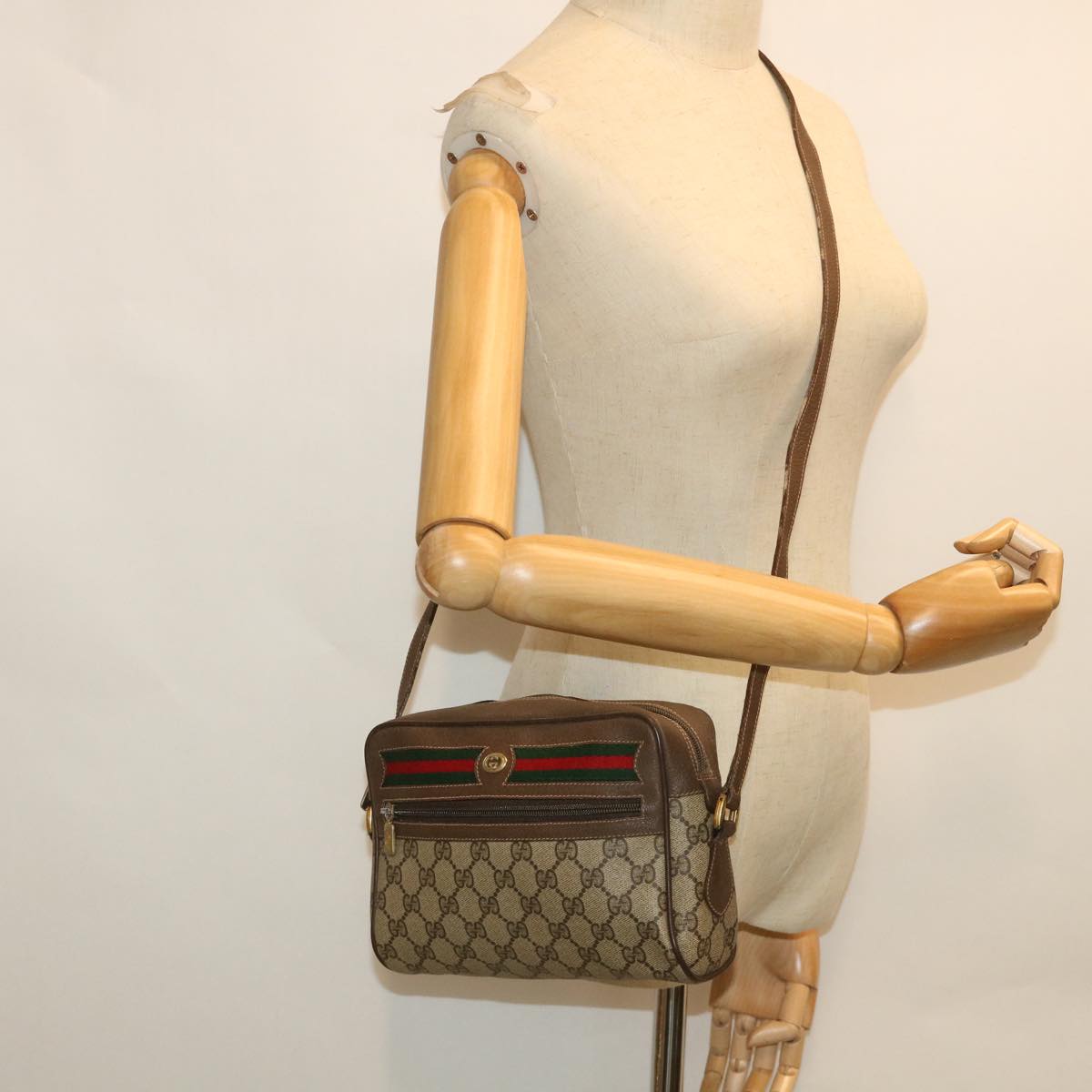 GUCCI GG Canvas Web Sherry Line Shoulder Bag Beige Red 119 02 087 Auth ep1891