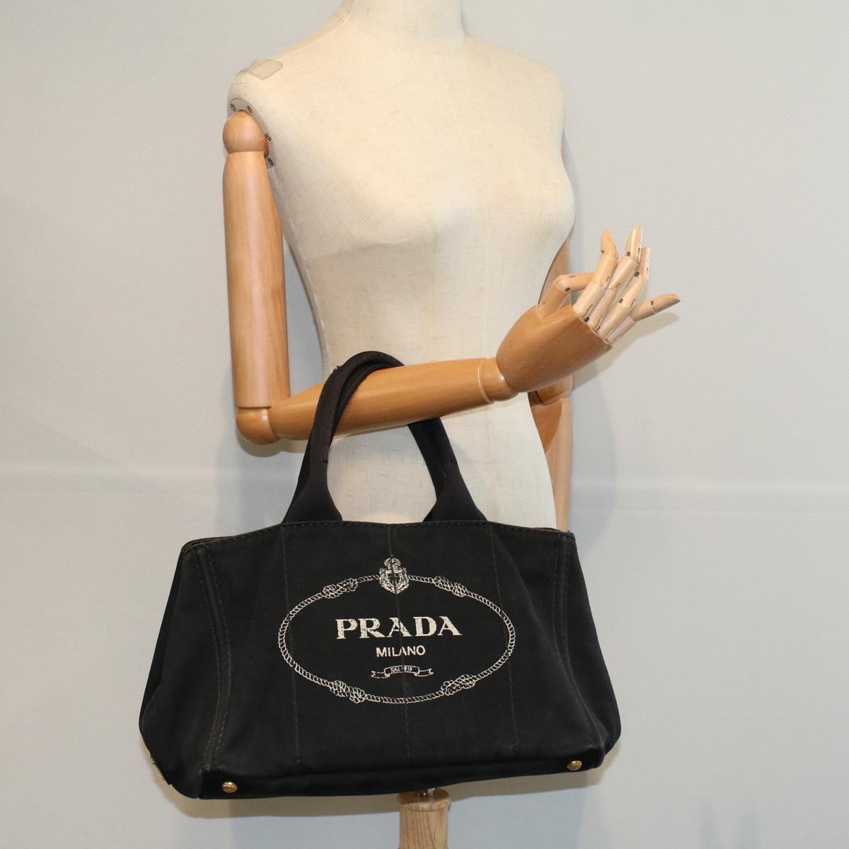 PRADA Canapa MM Hand Bag Canvas Black Auth ep2361