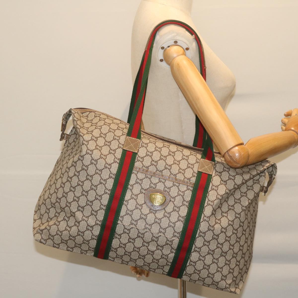 GUCCI GG Plus Supreme Web Sherry Line Tote Bag Beige Red Green Auth ep2516